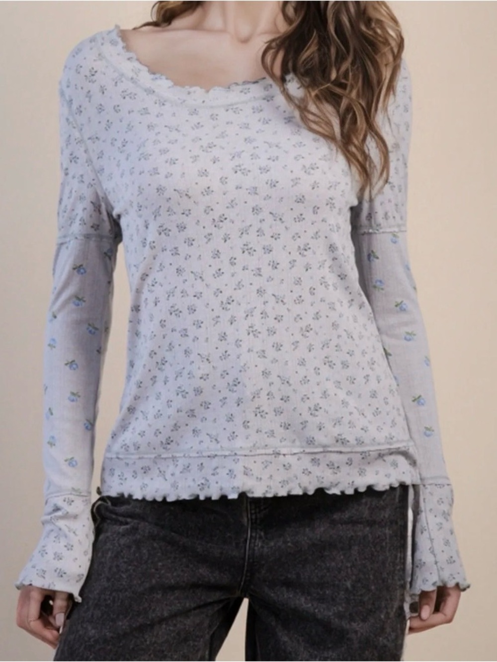 Very J Floral Printed Lettuce Hem Fitted Knit Top